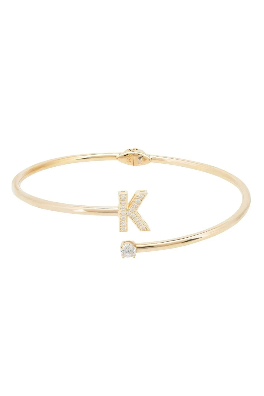 Gold initial bangle bracelet with a K charm and small crystal accent