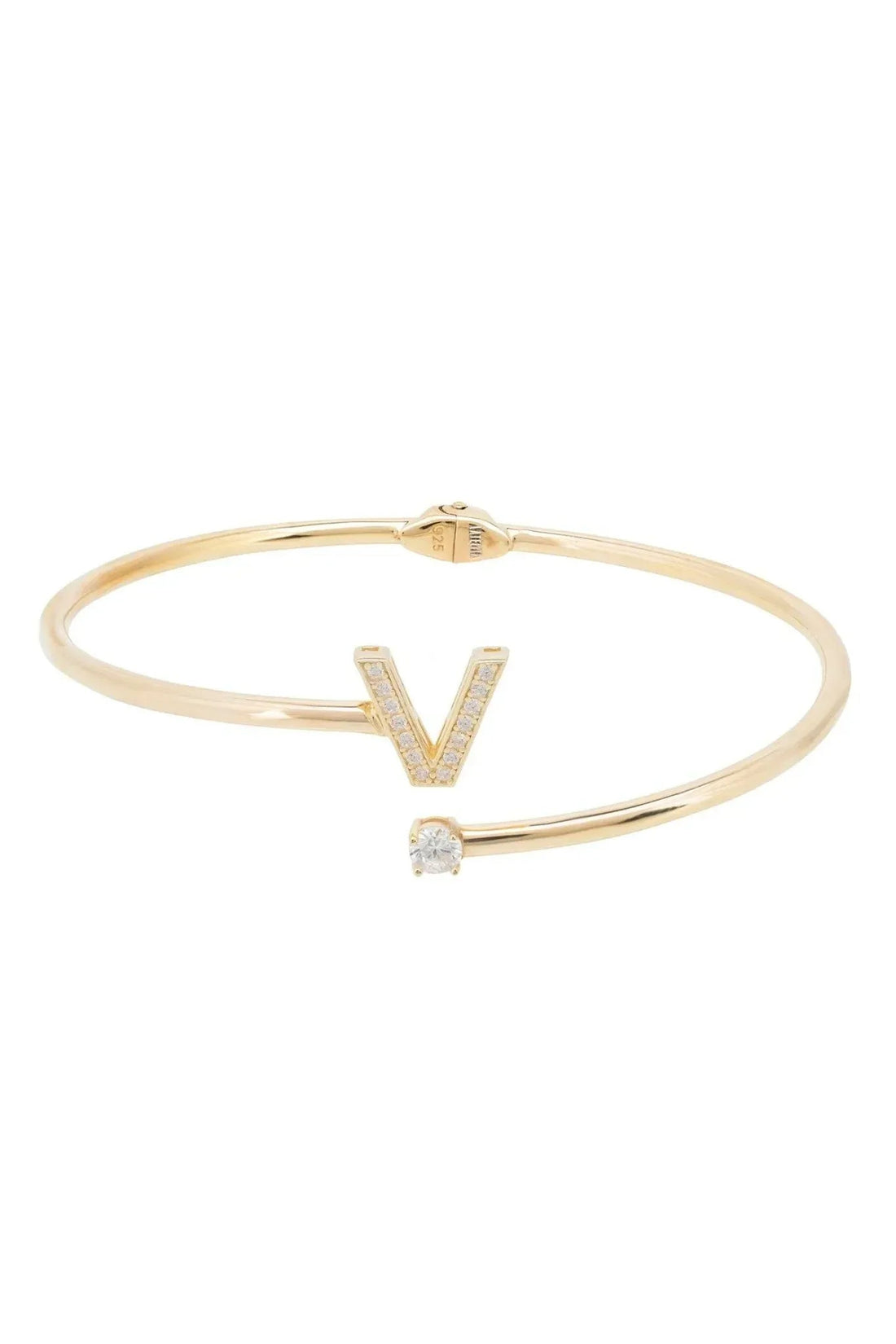 Gold-tone V initial bangle with small square crystal centerpiece
