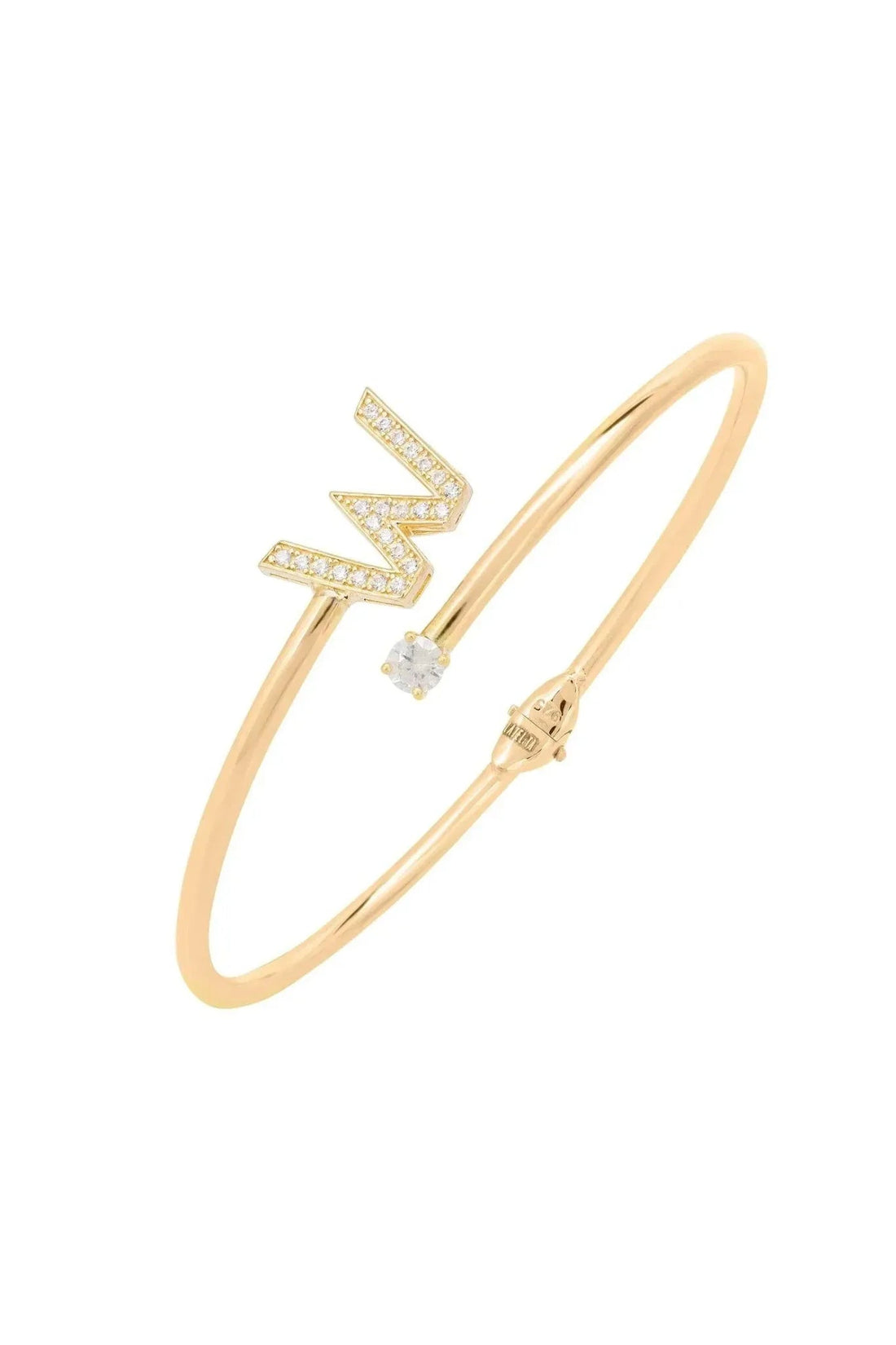 Gold initial W bangle with zigzag W and round crystal accents