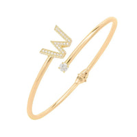 Gold initial W bangle with zigzag W and round crystal accents
