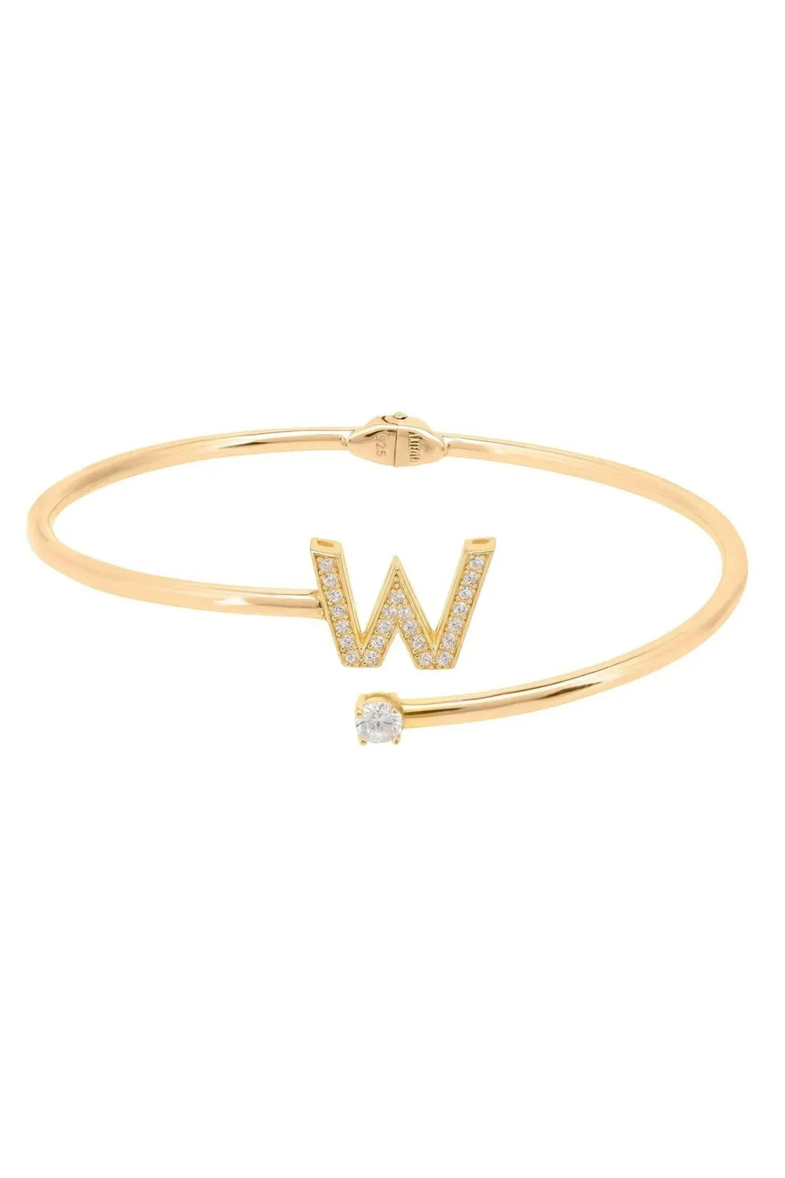 Gold initial W bangle with bezel-set W detail and round crystal centerpiece