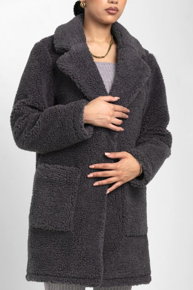 Oversized Teddy Coat with Lapels and Popper Fastening
