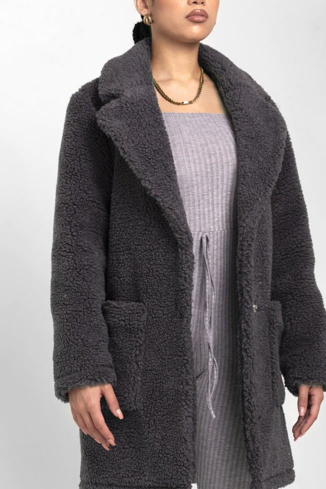 Oversized Teddy Coat with Lapels and Popper Fastening