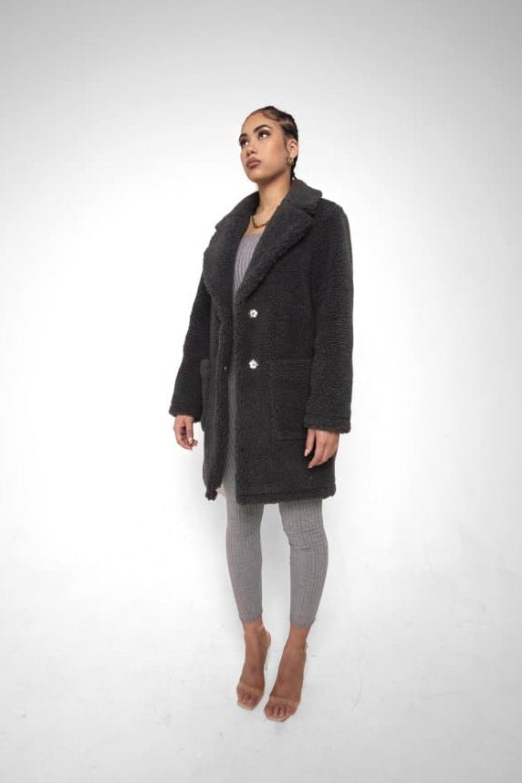 Oversized Teddy Coat with Lapels and Popper Fastening