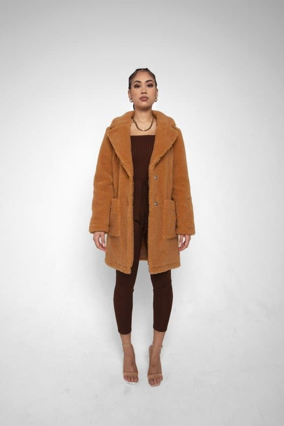 Oversized Teddy Coat with Lapels and Popper Fastening