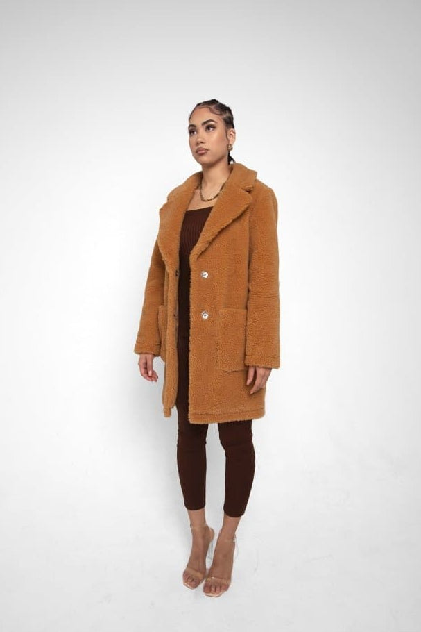 Oversized Teddy Coat with Lapels and Popper Fastening