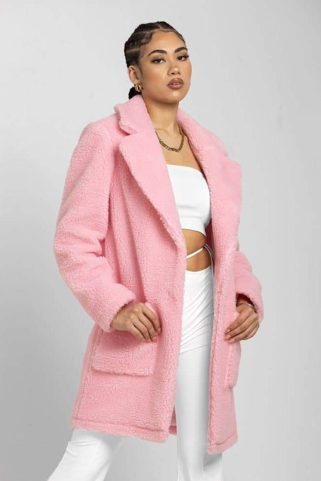 Oversized Teddy Coat with Lapels and Popper Fastening