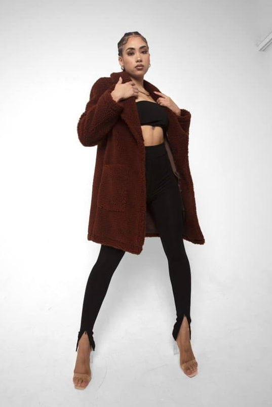 Oversized Teddy Coat with Lapels and Popper Fastening