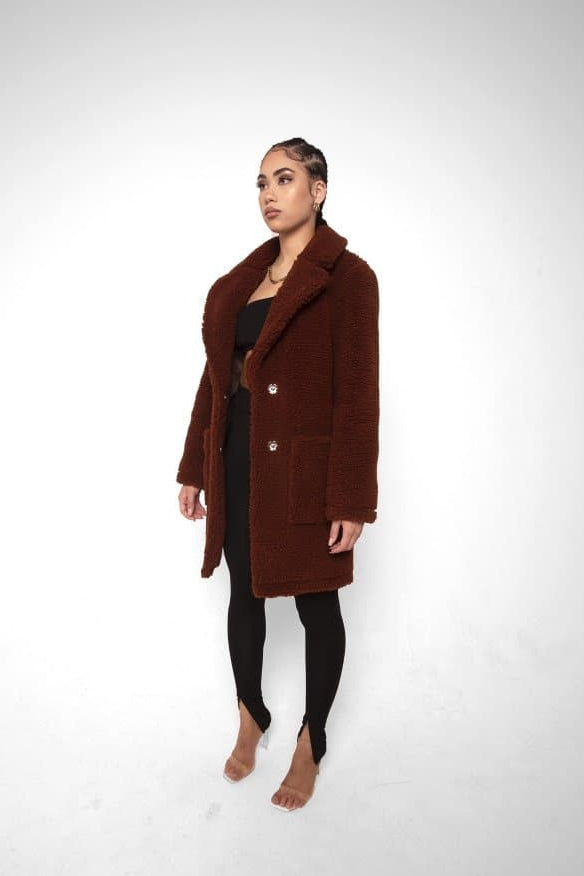 Oversized Teddy Coat with Lapels and Popper Fastening
