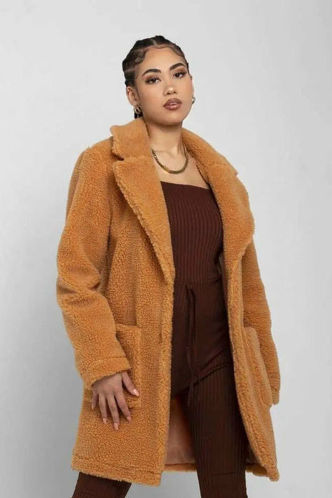 Oversized Teddy Coat with Lapels and Popper Fastening