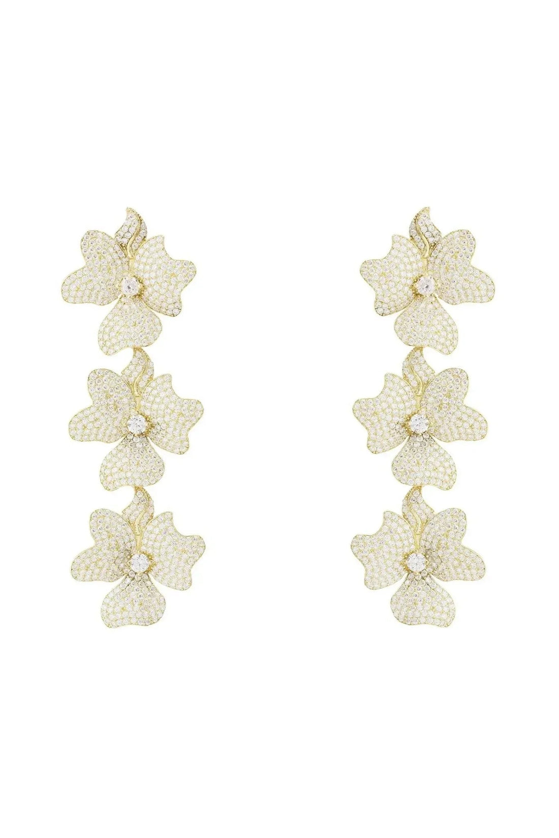 Gold jasmine flower triple drop earrings, three glittered blossoms with sparkling centers