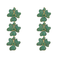 Triple drop flower earrings, green enamel with gold-tone accents, stud and drops