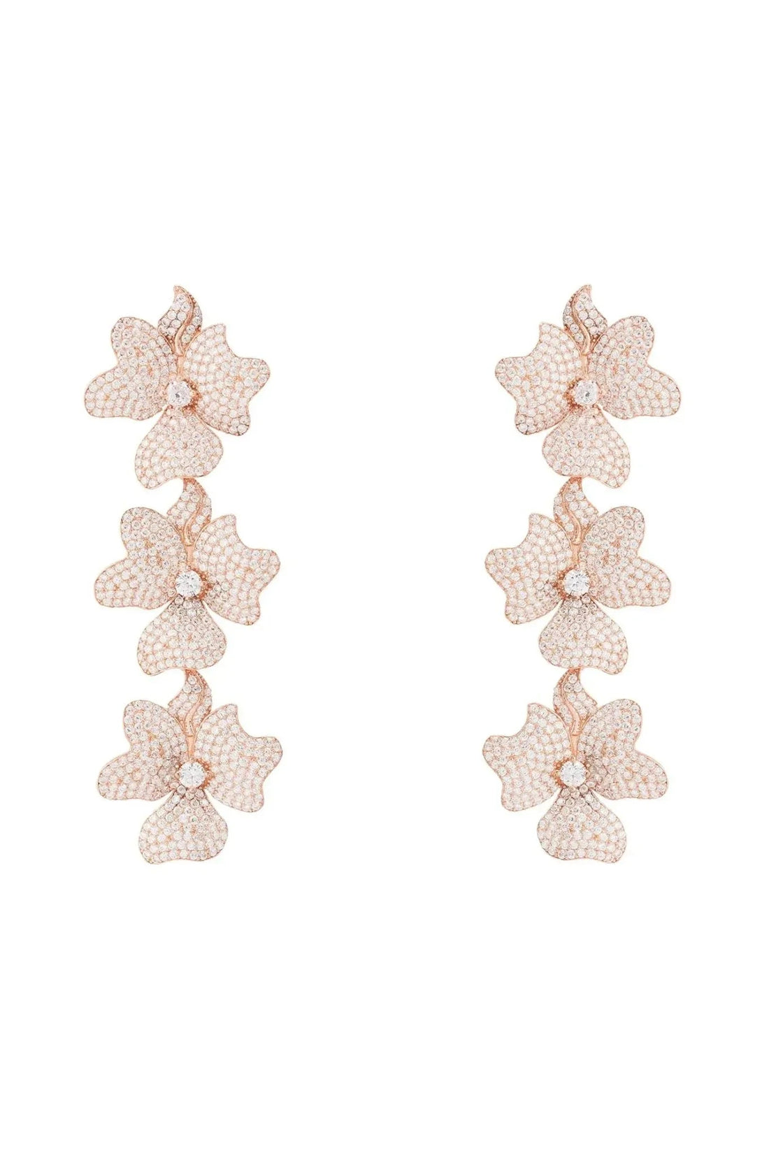 Rose gold triple-drop flower earrings with three textured blossoms.