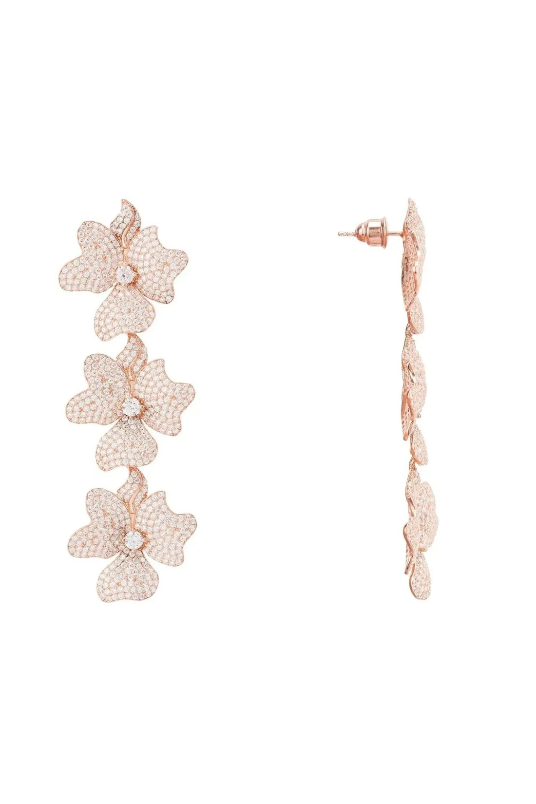 Rose gold triple-drop flower earring with three layered blossoms, side view.
