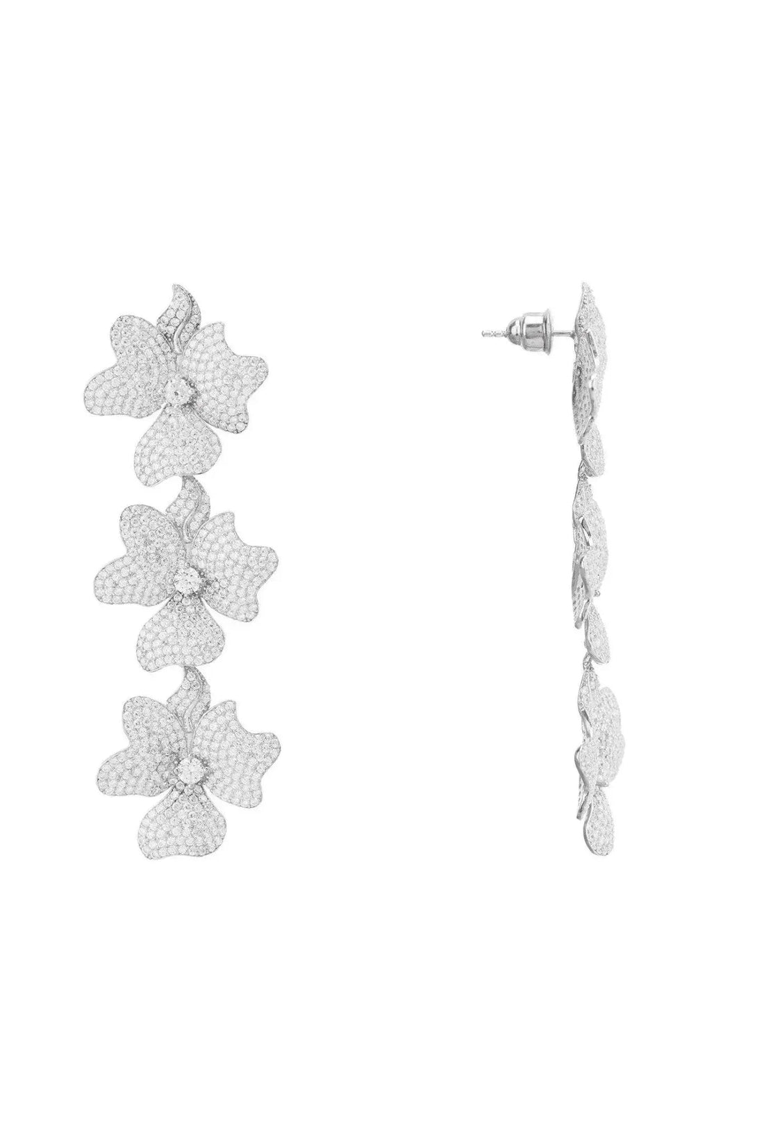 Silver triple drop flower earrings with textured jasmine-style blooms on stud back