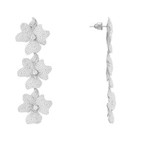 Silver triple drop flower earrings with textured jasmine-style blooms on stud back