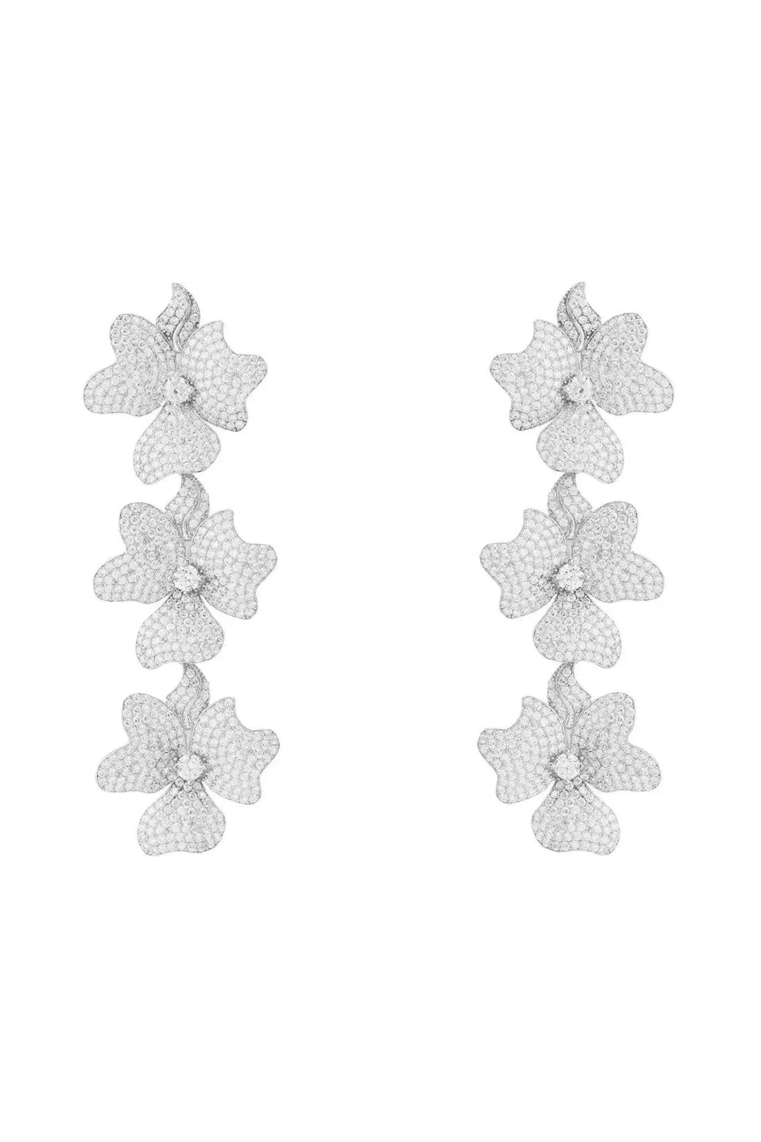 Silver triple drop flower earrings with textured jasmine-style petals
