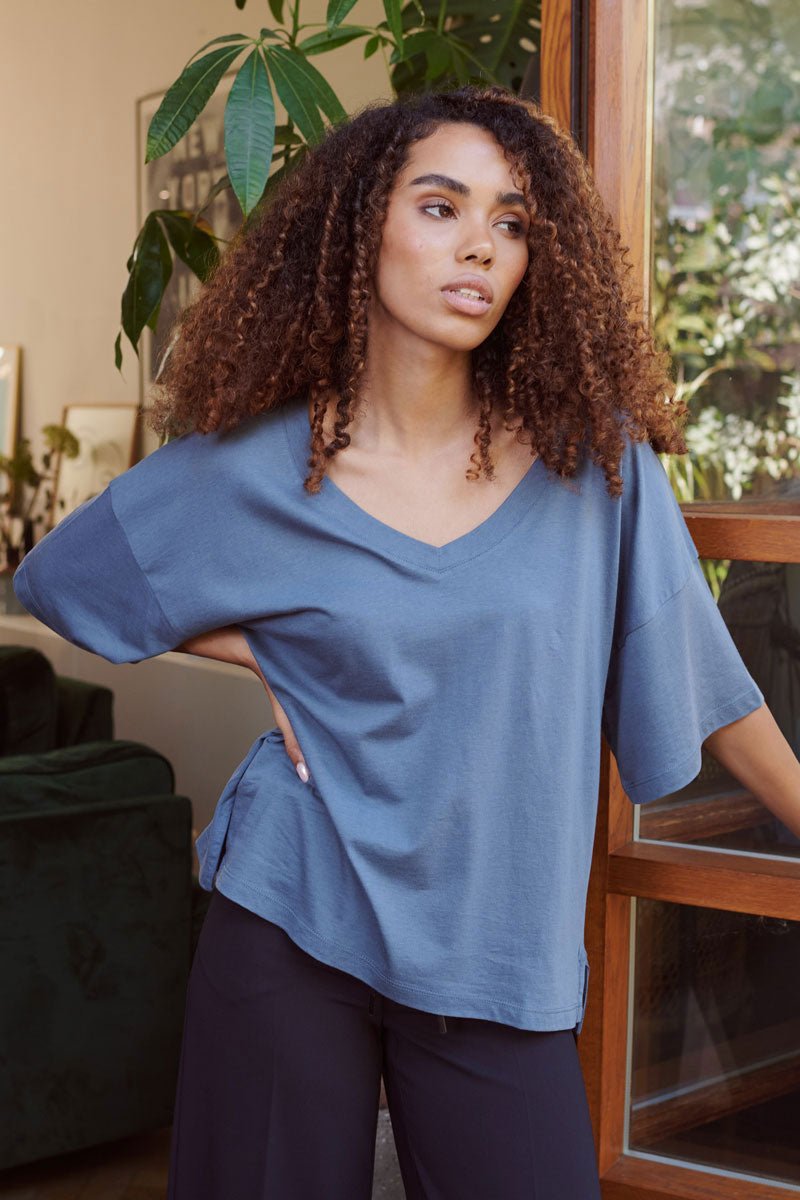 Oversized blue v-neck cotton-modal t-shirt, short sleeves, draped fit