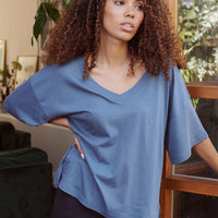 Oversized blue v-neck cotton-modal t-shirt, short sleeves, draped fit