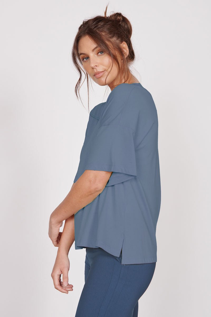 Oversized blue v-neck t-shirt with short sleeves, side drape detail