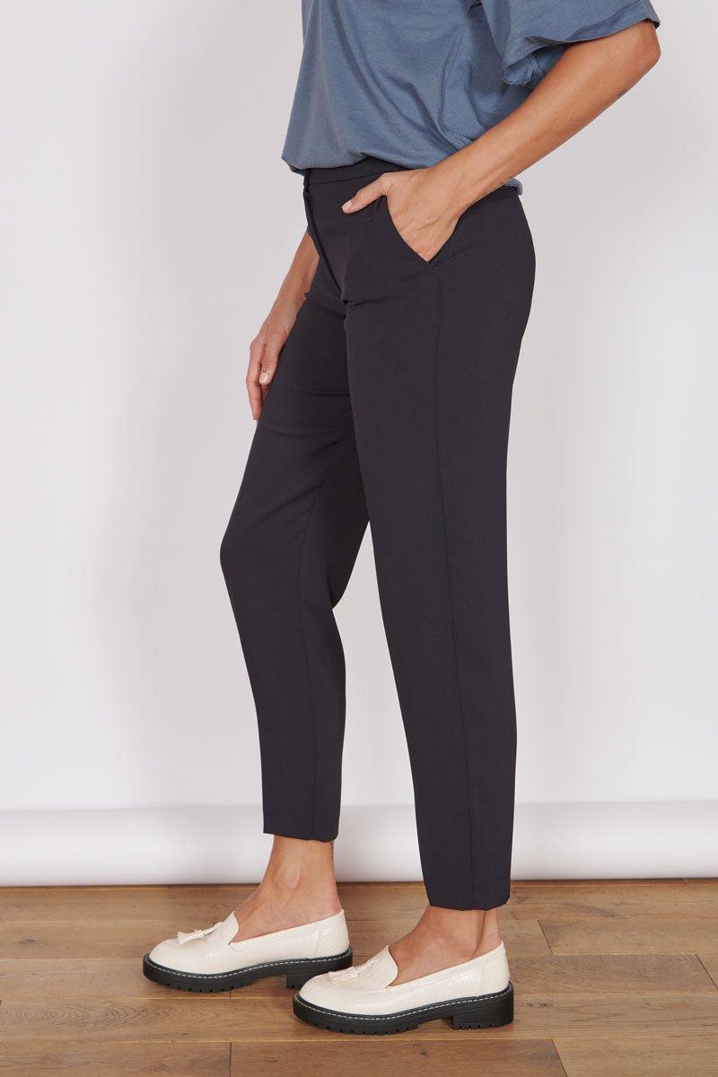 Black high-waist tapered trousers with side seam detail