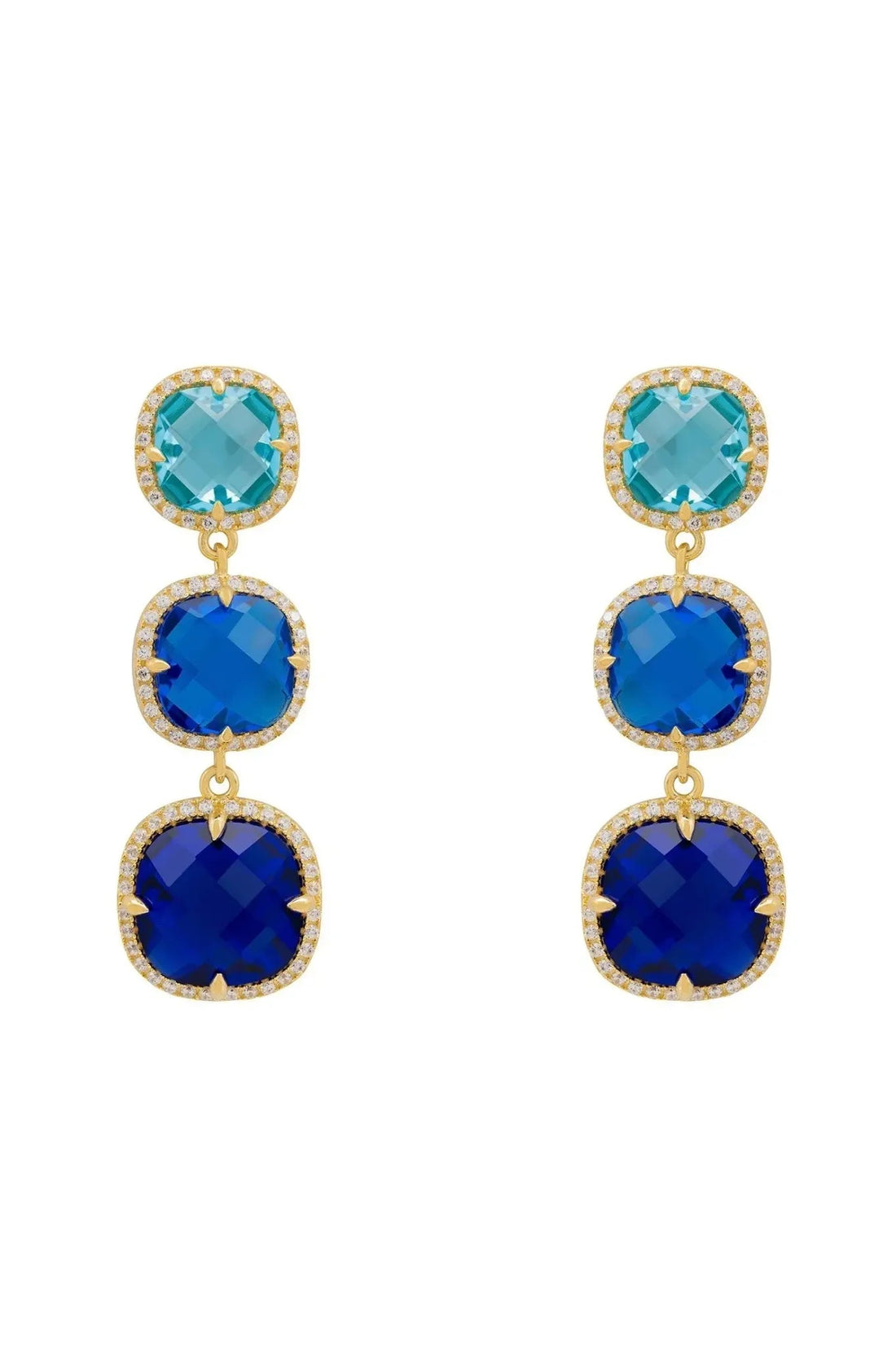 Gold-tone drop earrings with three blue faceted stones and halo details