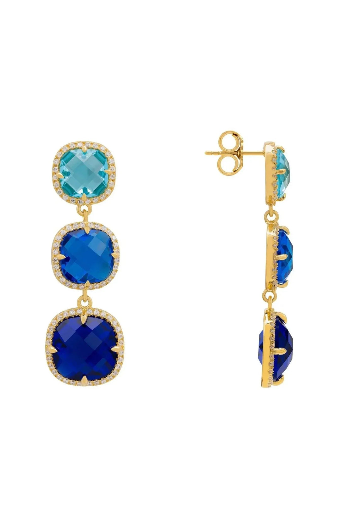 Pair of gold-tone blue drop earrings with three faceted stones each