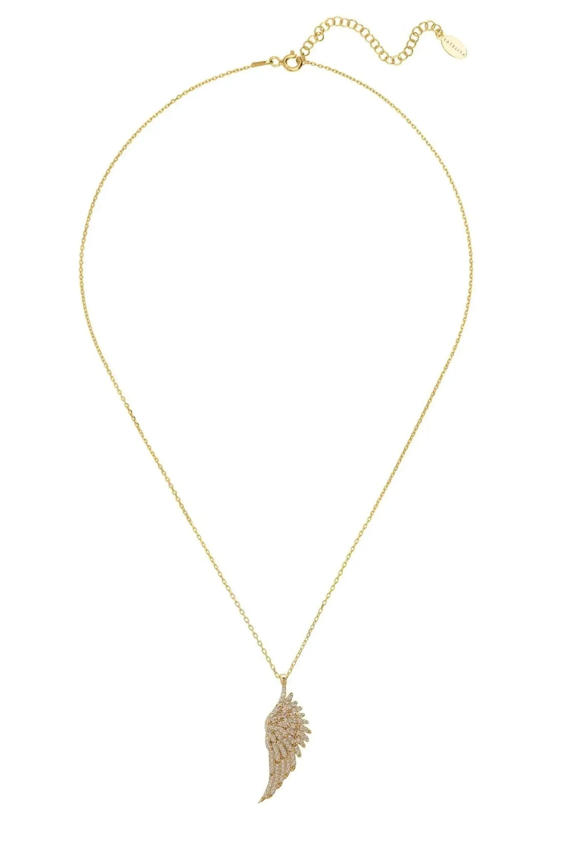 Gold angel wing pendant necklace on fine chain with detailed wing charm