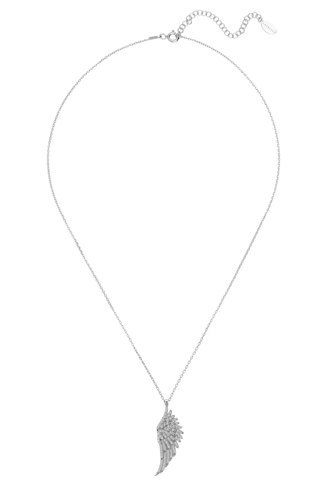 Silver angel wing pendant necklace with full chain and clasp visible