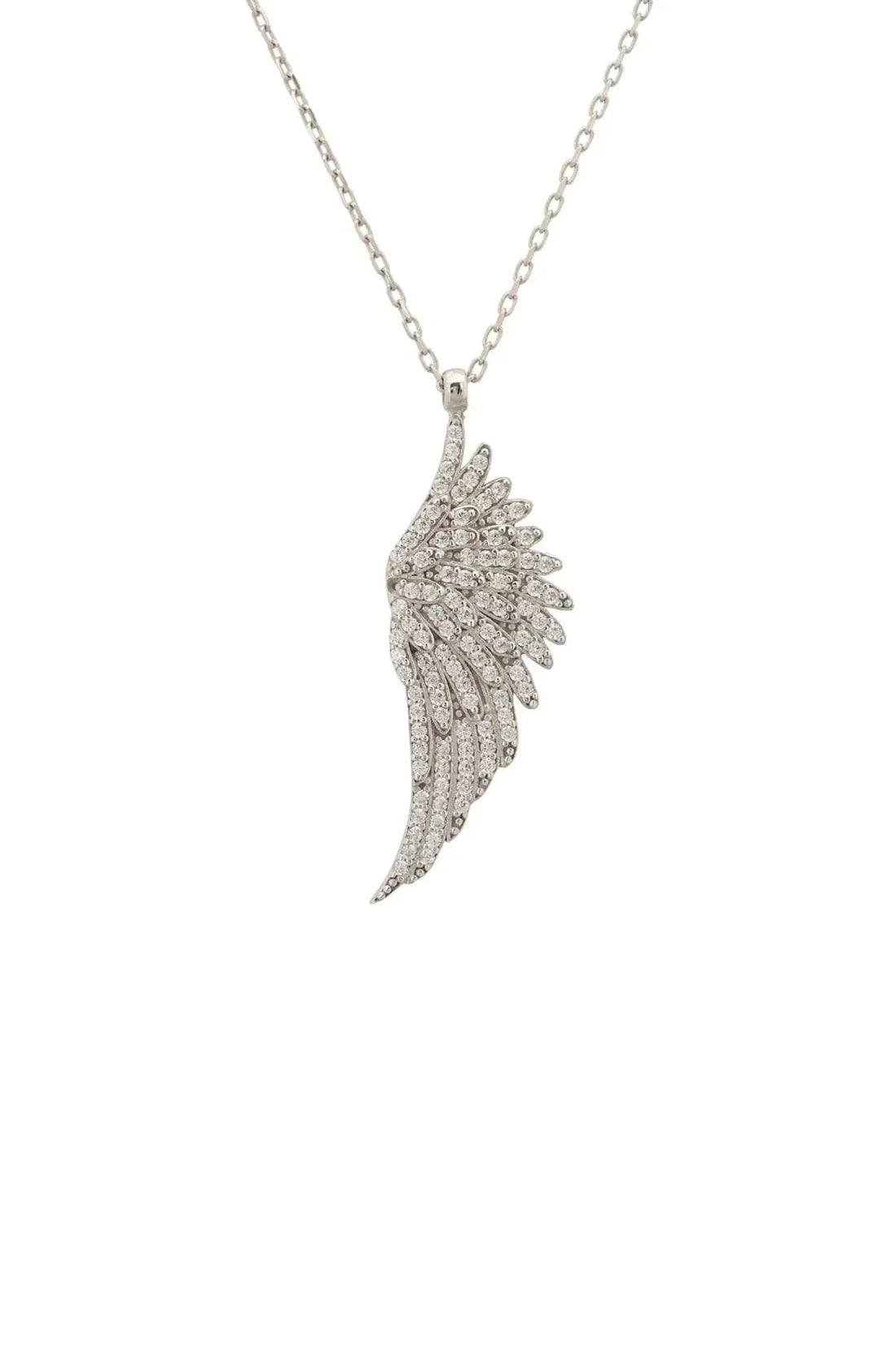 Large silver angel wing pendant necklace with crystal sparkle on a chain