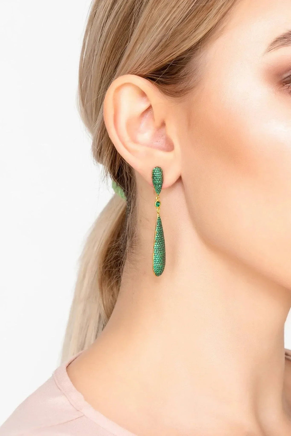 Latelita emerald green CZ long drop earring worn on ear