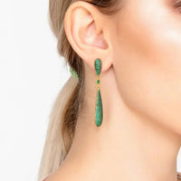 Latelita emerald green CZ long drop earring worn on ear