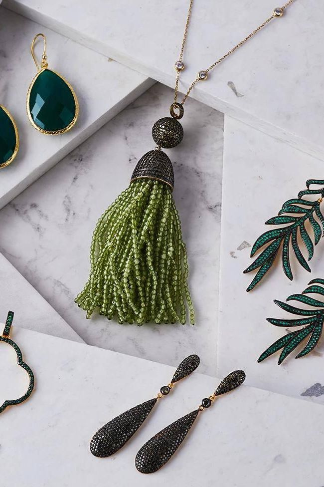 Latelita emerald green CZ drop earrings with matching beaded tassel