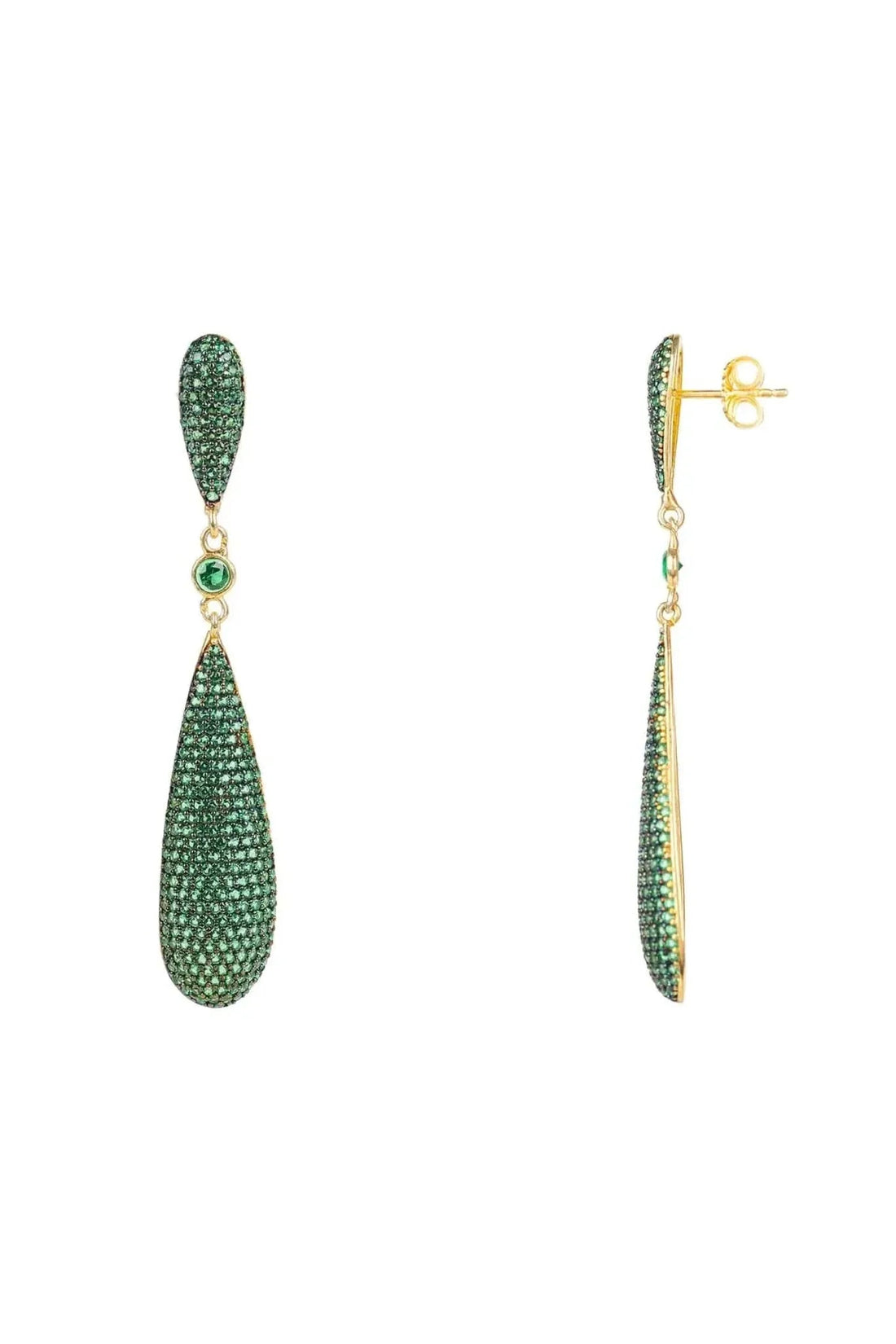 Latelita emerald green CZ long drop earrings with teardrop and round details