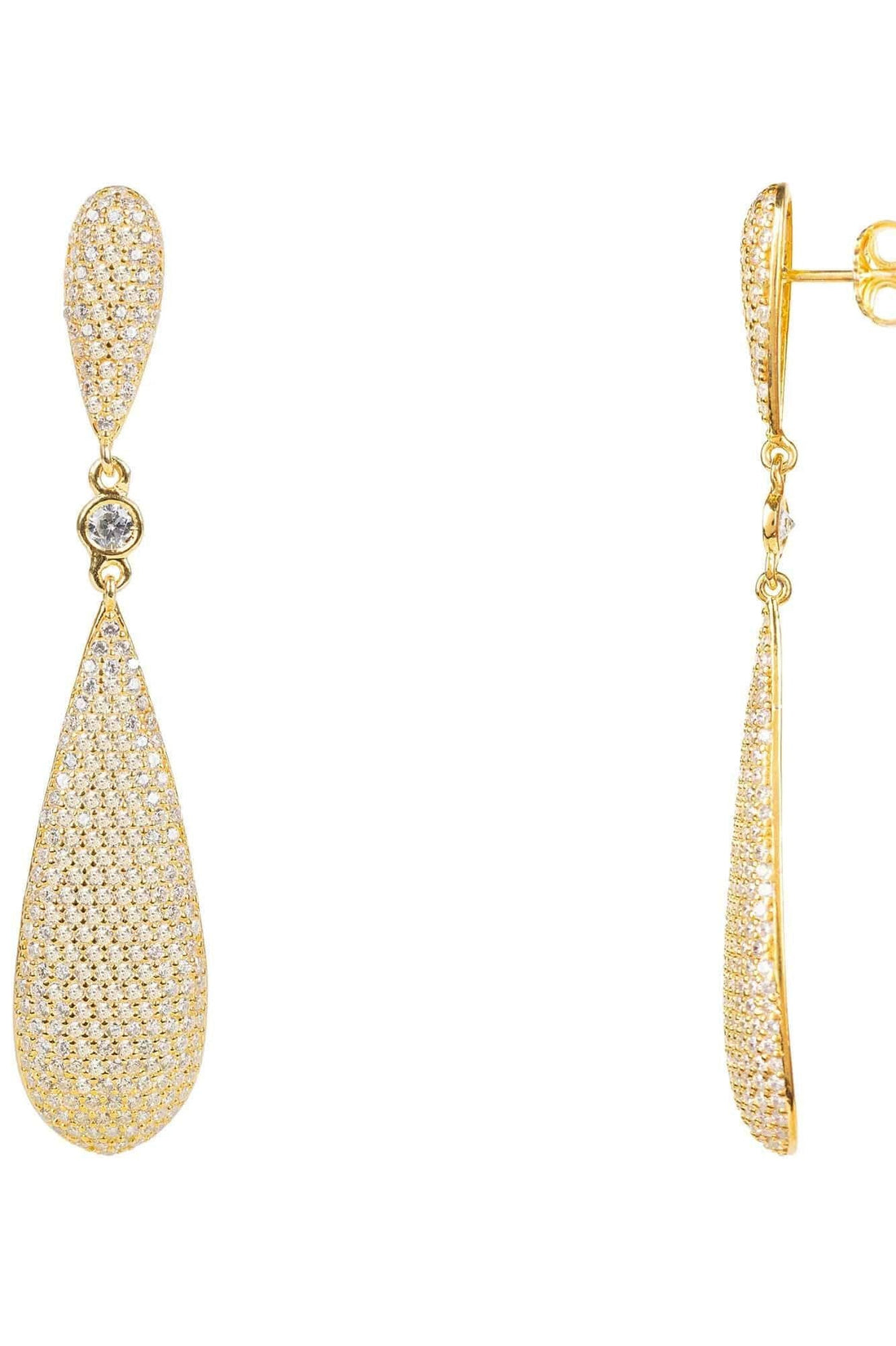 Latelita gold long drop earrings with pavé teardrop pendants, front and side view