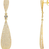 Latelita gold long drop earrings with pavé teardrop pendants, front and side view
