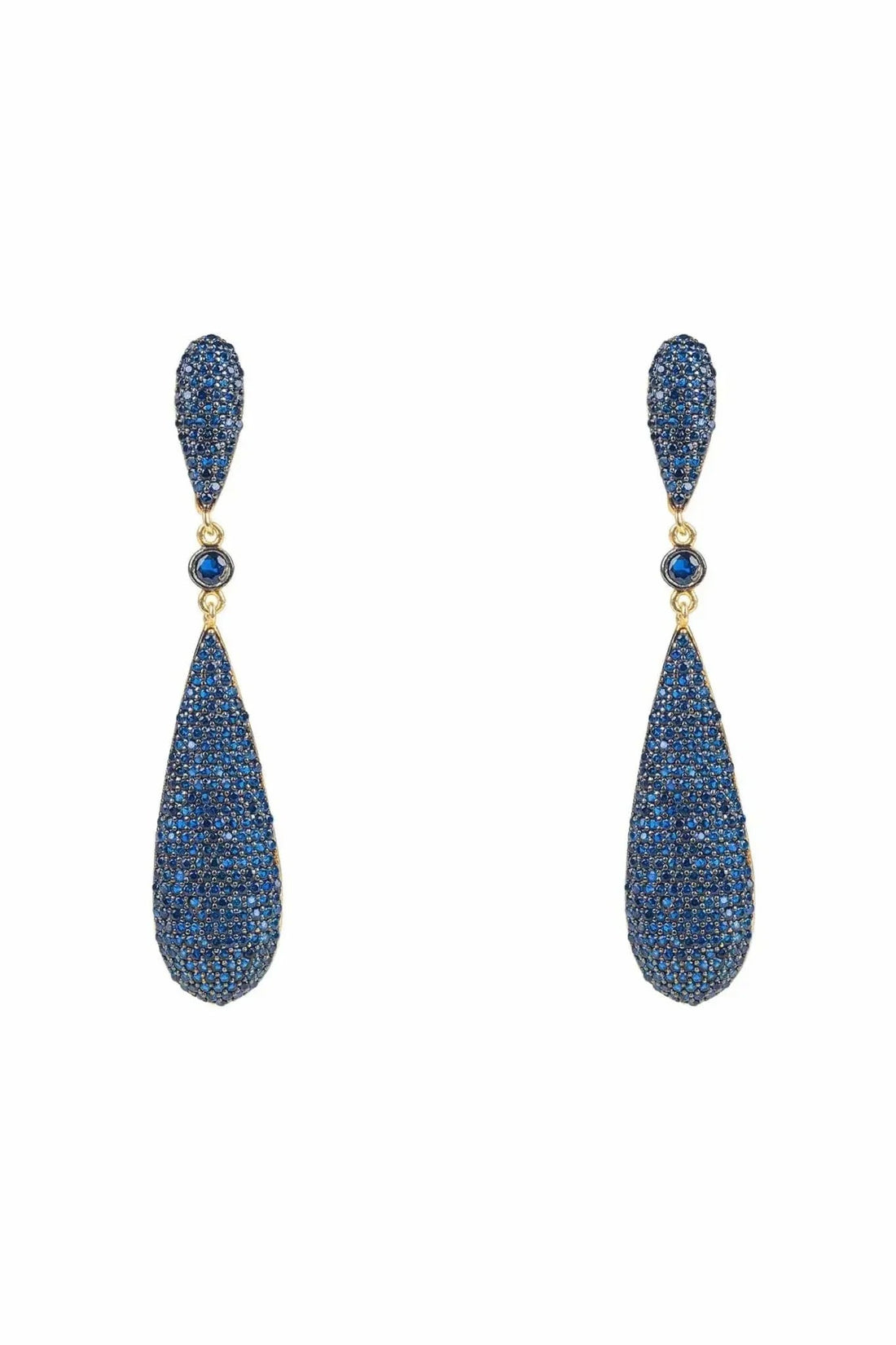 Latelita sapphire blue CZ long drop earrings, teardrop design
