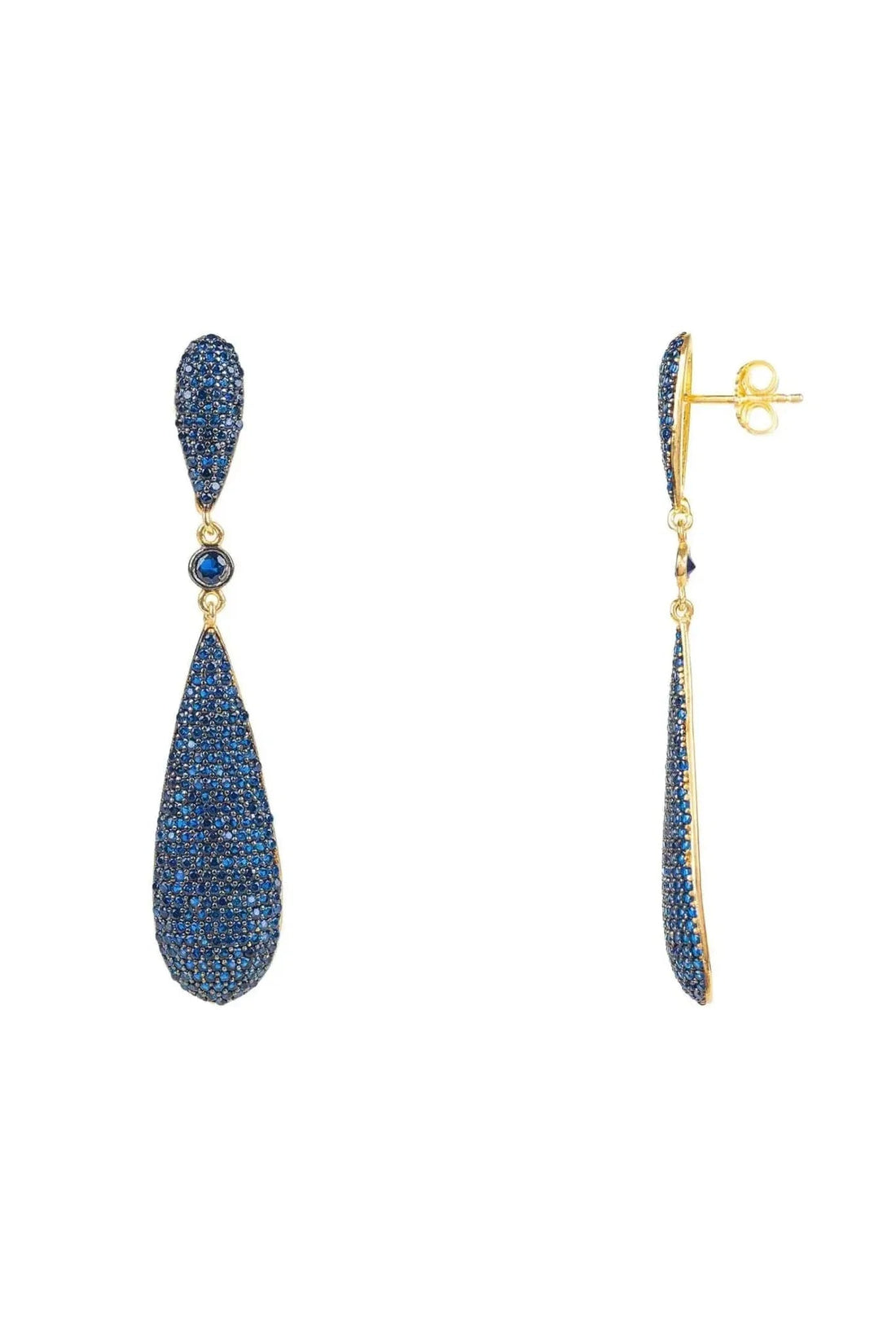 Sapphire blue CZ long drop earrings shown front and gold back setting.