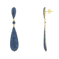 Sapphire blue CZ long drop earrings shown front and gold back setting.