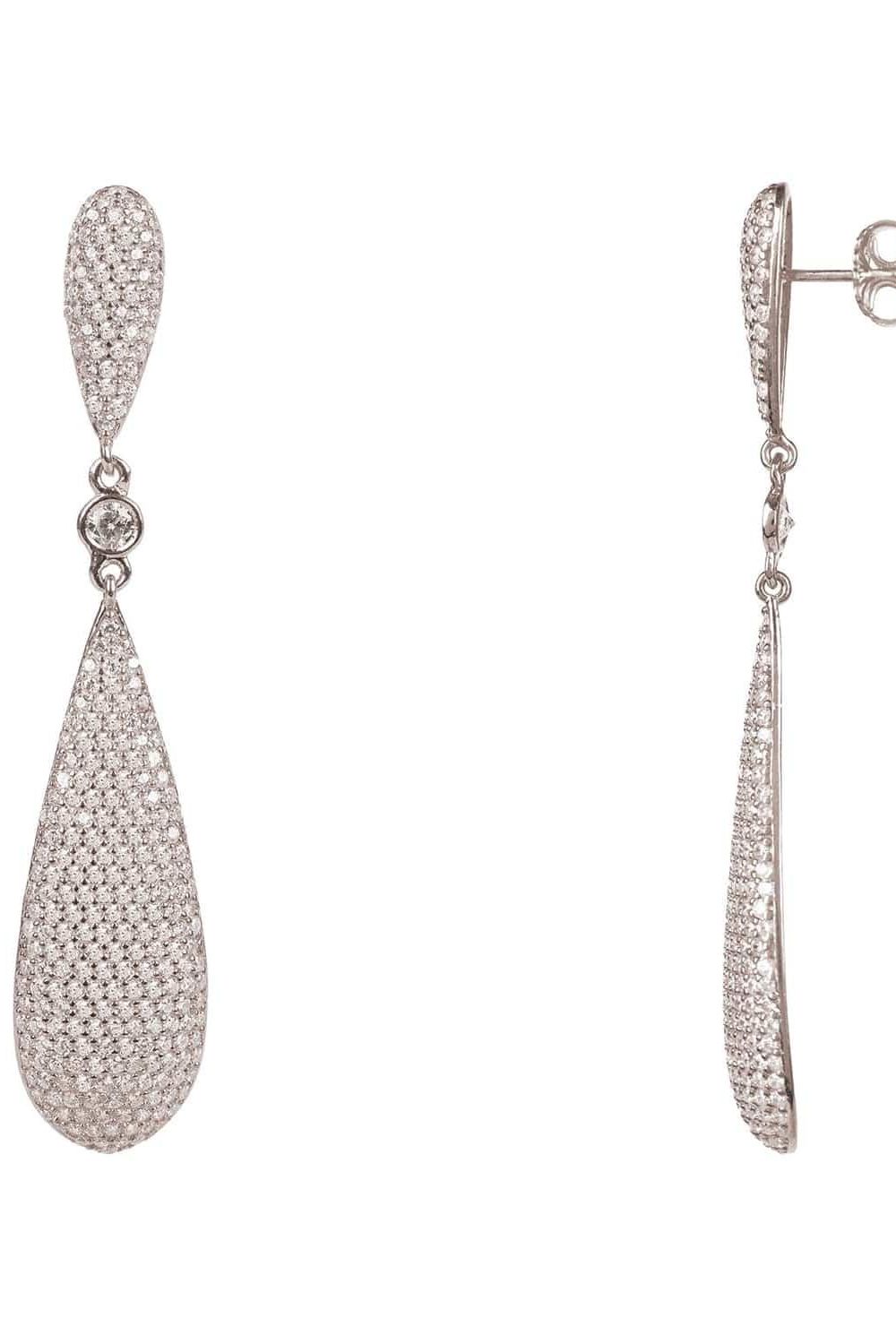 Silver rhinestone teardrop drop earrings, side view with stud post backing