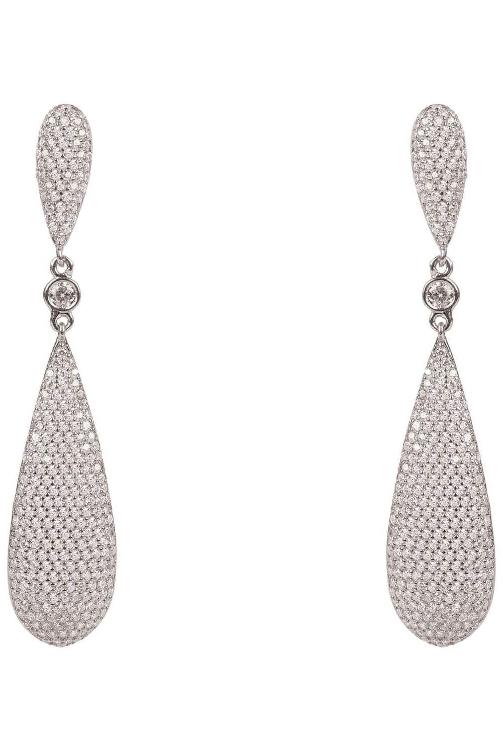 Silver rhinestone teardrop drop earrings with round crystal stud details