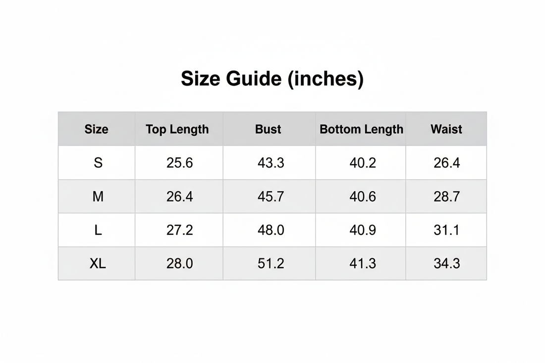 Size guide table with top length, bust, bottom length, and waist measurements