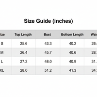 Size guide table with top length, bust, bottom length, and waist measurements