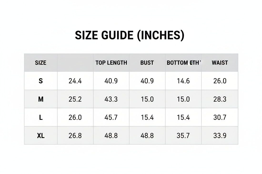 Size guide chart in inches with top length, bust, bottom gh, and waist measurements