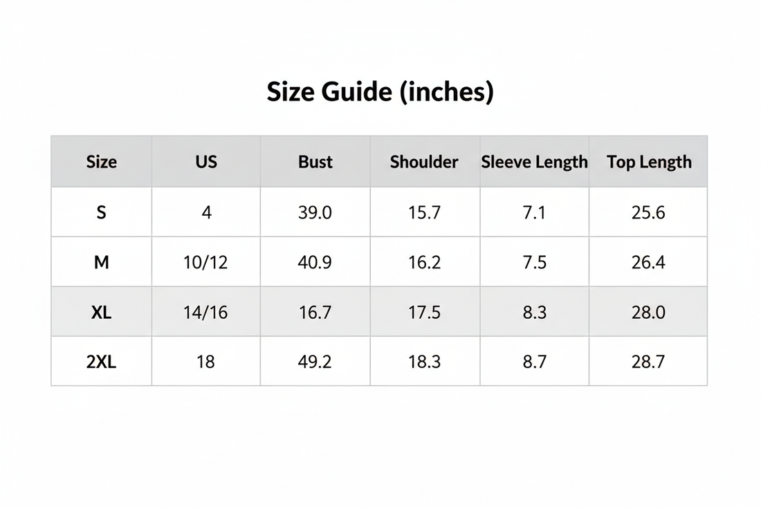 Size guide table for women’s letter graphic round neck short sleeve T-shirt