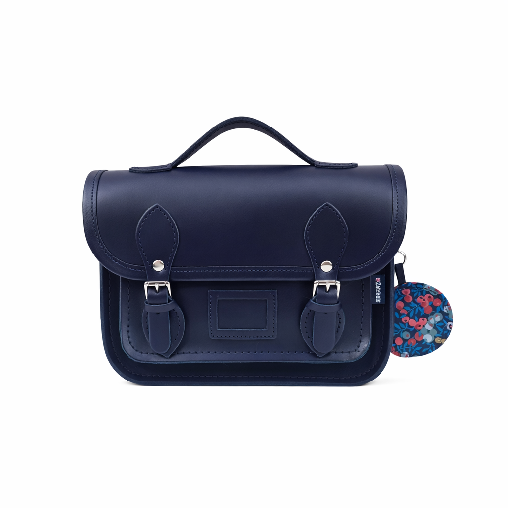 Floral Lined Leather Midi Satchel - Navy-0
