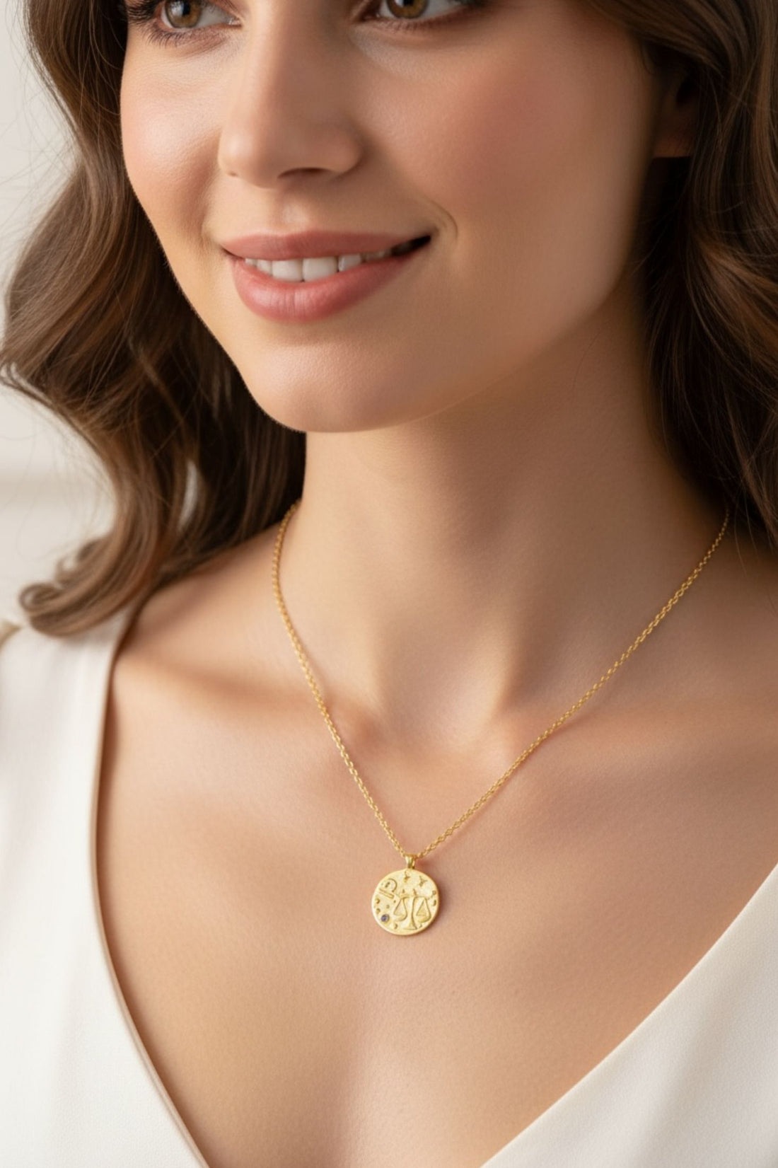 Gold zodiac talisman necklace with round Libra pendant and blue crystal, worn close-up