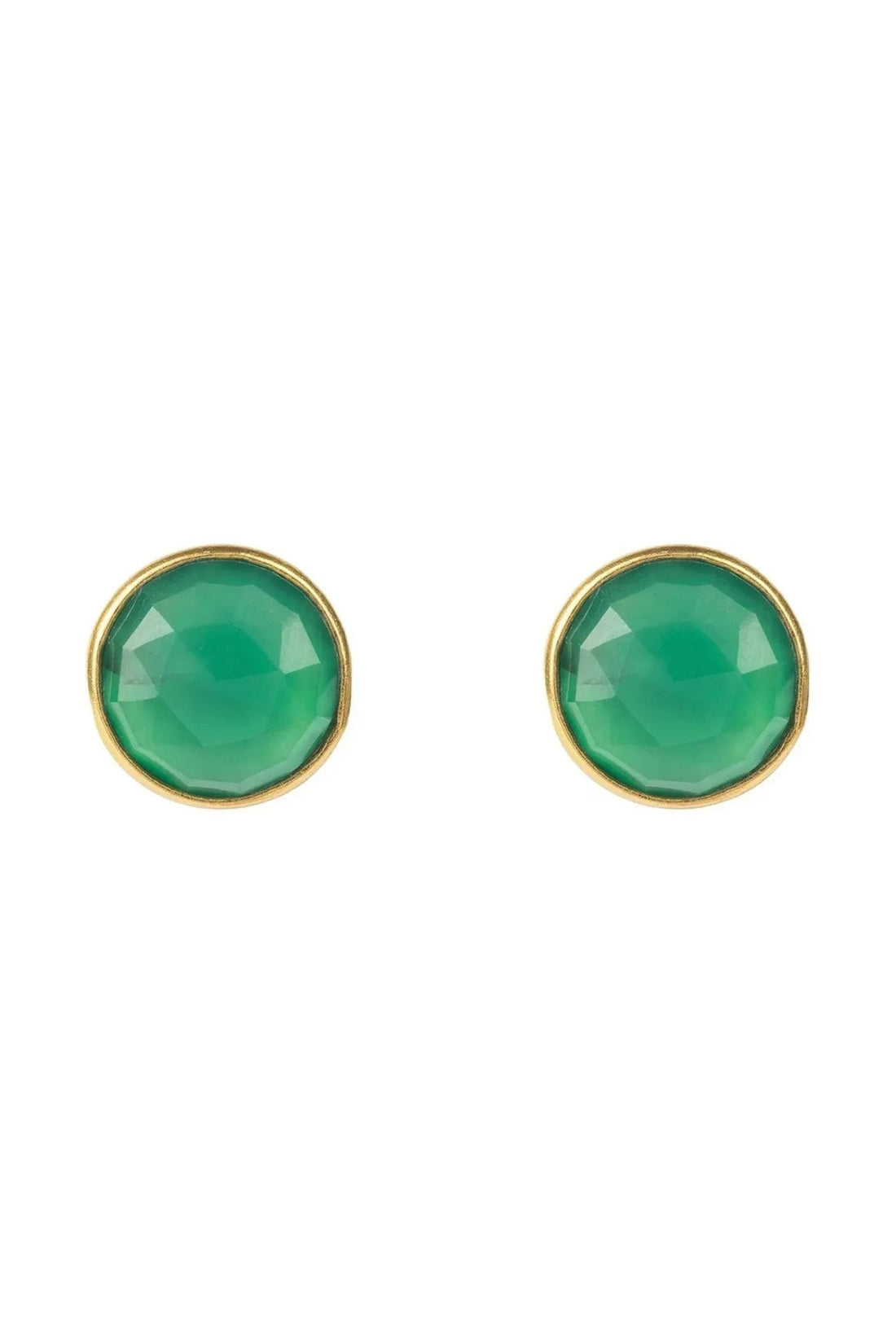 Medium circle gemstone earrings with green stone and gold-tone bezel, stud style