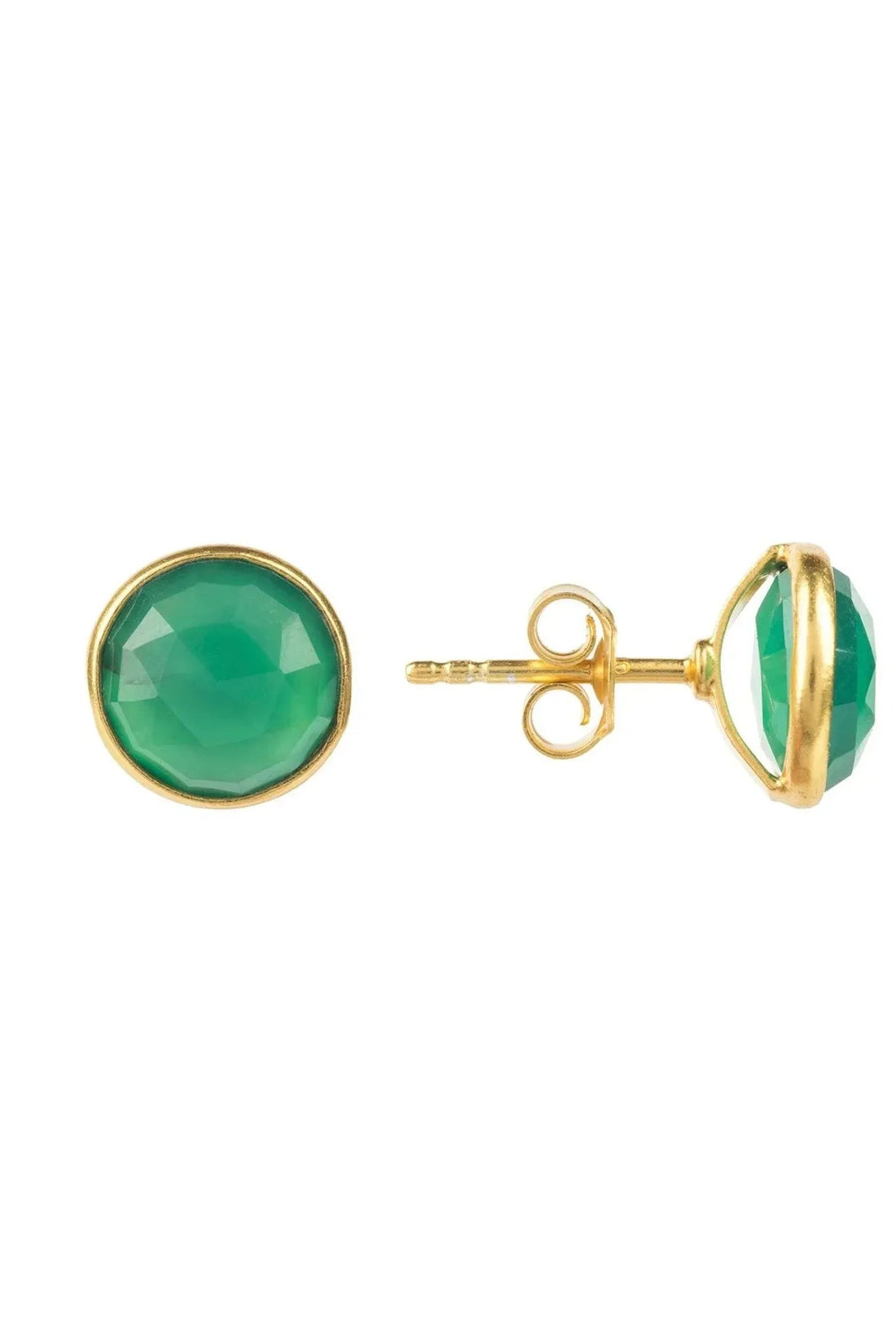 Gold-tone hoop-back stud earrings with green circular gemstone face