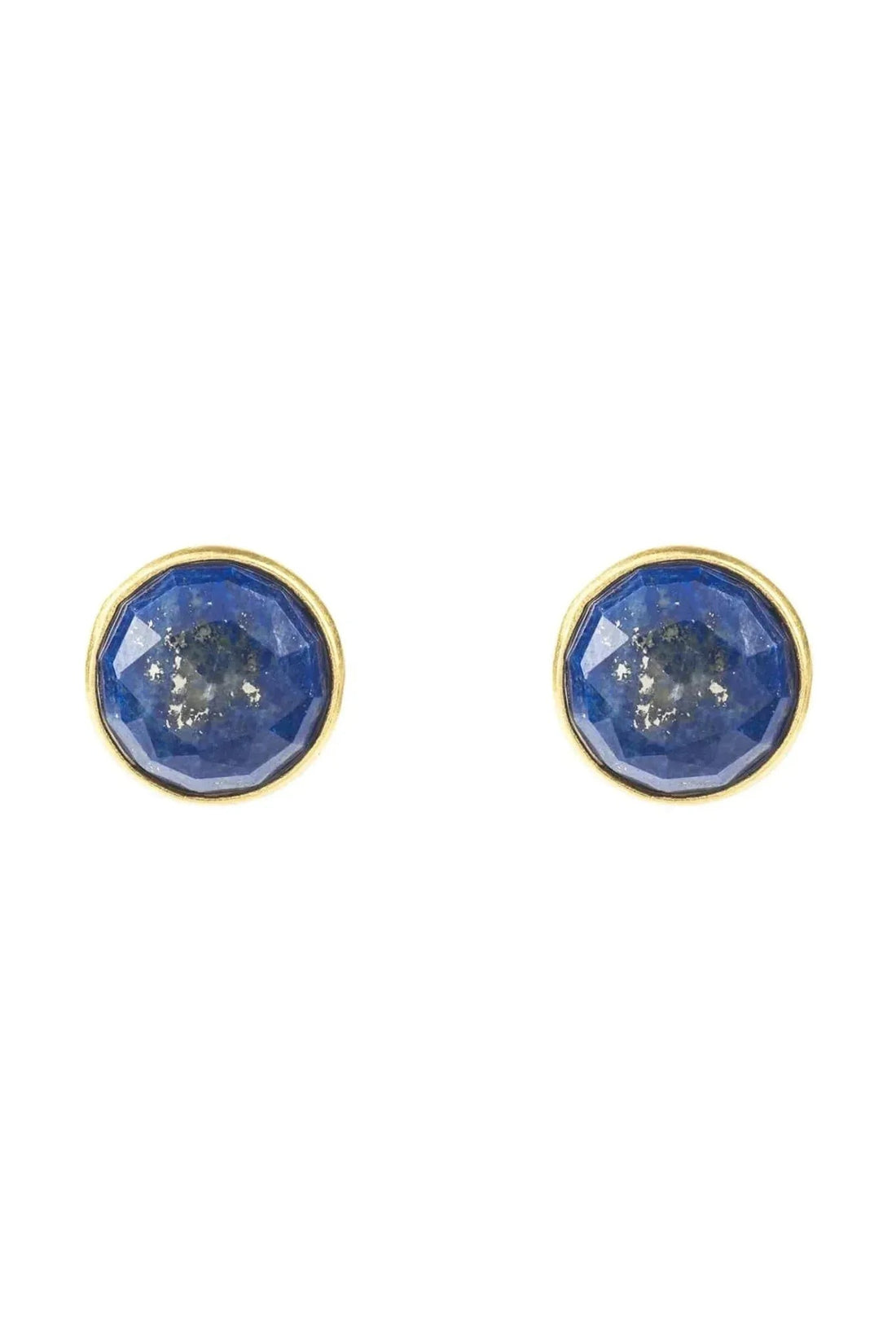Gold lapis lazuli round stud earrings with blue gemstone centers